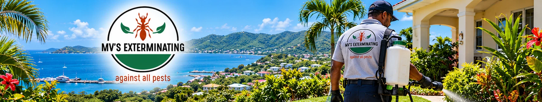 MV’s Exterminating brand with Caribbean landscape and pest control technician
